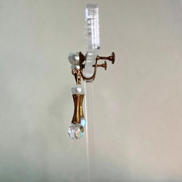 Vintage 60s Gold Tone Faux Pearl AB Crystal Drop Screw Back Clip Earrings Retro - Picture 4 of 8